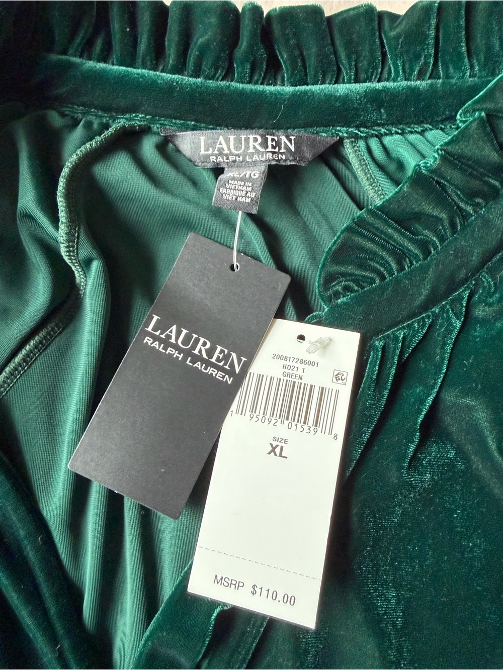 NEW Lauren Ralph Lauren Green Velvet Top Tie Neck Puff Sleeve Romantic Poet XL - Picture 3 of 9